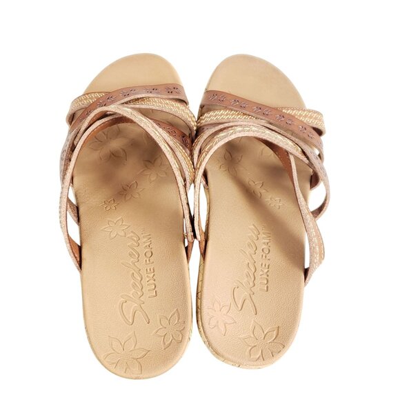 Skechers Luxe Foam Womens Size 8 Brown Wedge Sandals Strappy Floral - Picture 7 of 8